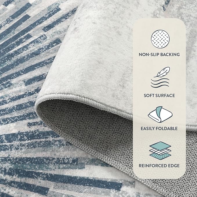 Lahome Modern Machine Washable 6 x 9 Area Rug, Non-Slip Ultra-Thin Big Rugs for Living Room Throw Soft Large Carpet for Bedroom, Abstract Print Indoor Carpet for Dining Room Office (Blue/Gray, 6'x9')