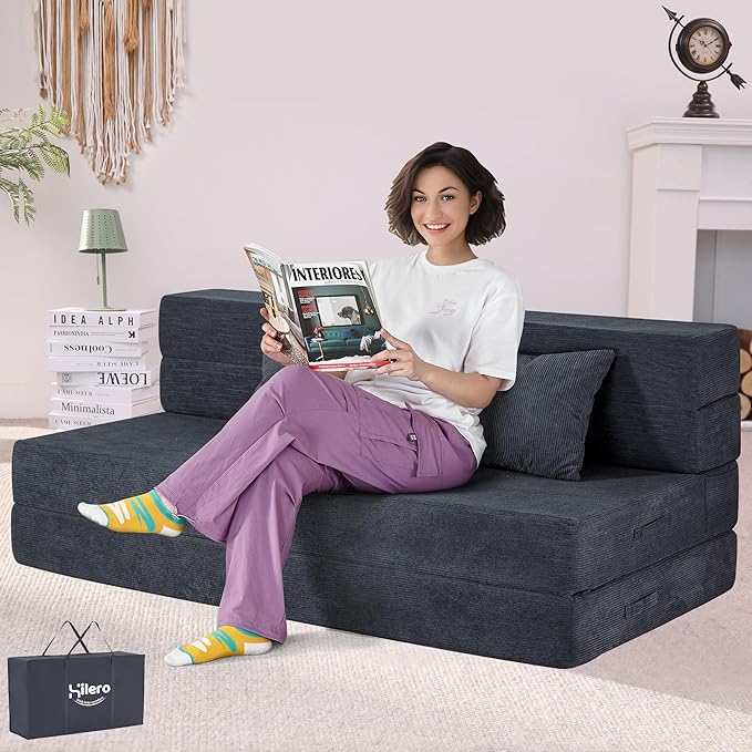 Folding Sofa Bed, 4 in 1 Convertible Sleeper Chair with Pillow, Queen Memory Foam Fold Out Chair Bed, Modern Floor Futon Sofa Couch Mattress for Living Room/Guest/Apartment, Dark Grey