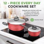 NutriChef 12-Piece Nonstick Kitchen Cookware Set-PTFE/PFOA/PFOS-Free Heat Resistant Lacquer Kitchen Ware Pots Pan Set Dark Gray/Red- Saucepot, Pans, Cooking Pot Oven Pot, Lid, Utensil - NCCW12RED