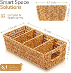 Nature-Inspired Rattan Pantry Organizer Baskets Set of 2 with 3 Removable Dividers – Handwoven Storage Bins for Kitchen or Bathroom Organization, Ideal for Snacks, Coffee & Tea (13” x 7.3” x 3.7”)