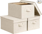 StorageWorks Fabric Storage Bins with Lids, Decorative Storage Bins with Soft Handles, Foldable Storage Baskets for Closet, Shelves, Stackable and Sturdy Organization, Beige, Large, 3-Pack