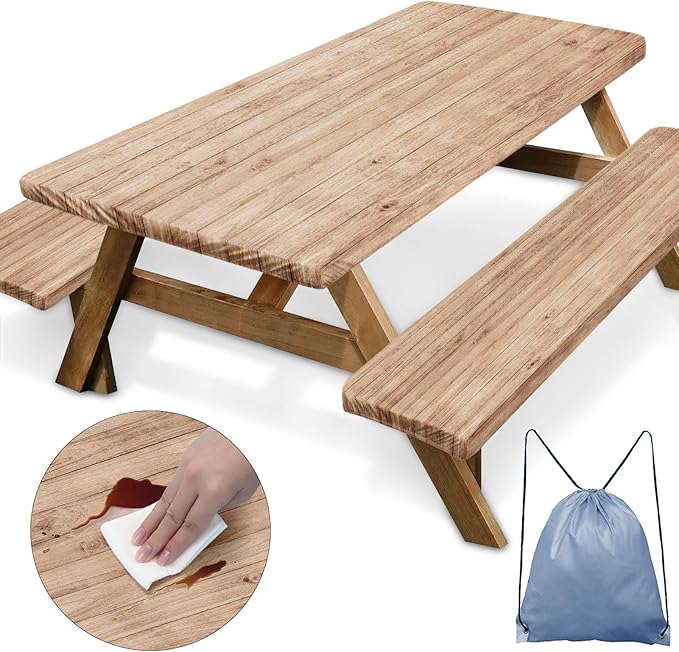 Picnic Table Cover with Bench Covers Elastic Edges, Brown Wooden Fitted Table Cover, Outdoor Patio Camping Essentials 72 Inch 3PCS, Waterproof Camping Fitted Tablecloth with Drawstring Bag