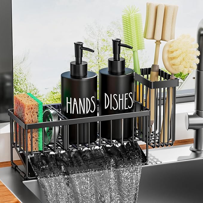 MASADI Kitchen Dish Soap Dispenser Set with Sponge Holder, 12OZ Glass Bottle, Hand and Dish Soap Dispenser Set, Non-Slip Silicone Pad, Brush Holder, Kitchen Sink Organizer Countertop (Black)