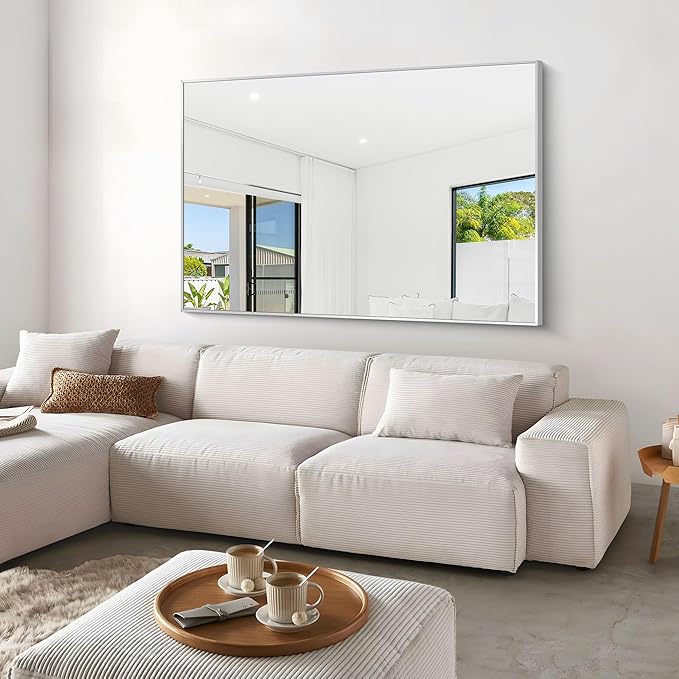 BONEWEI Silver Bathroom Mirror,60x40 inch Wall Mirror for Bathroom Wall Mounted,Large Rectangle Mirror for Bathroom Over Sink,Modern Metal Frame for Living Room,Bedroom Entryway,Horizontal/Vertical
