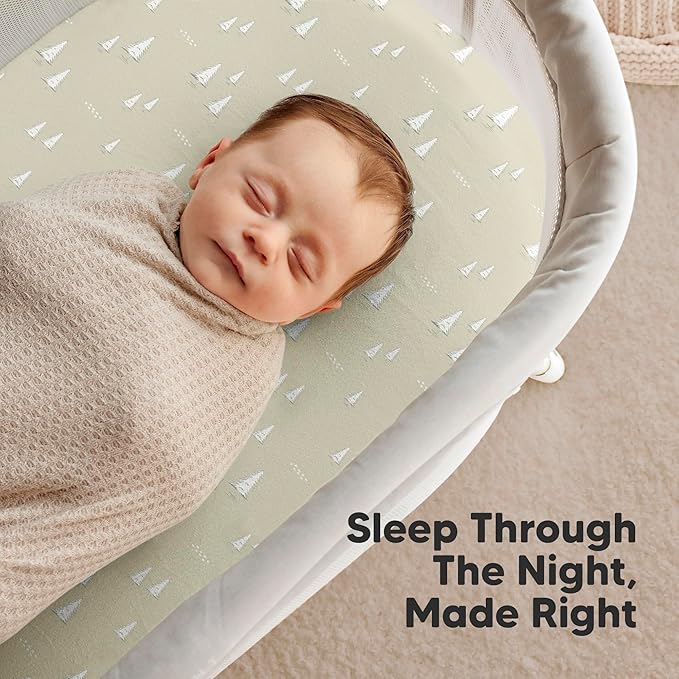 2-Pack Organic Bassinet Sheets for Girls, Boys - 100% Cotton Bassinet Mattress Sheets Compatible with Halo Bassinest Swivel Sleeper, Graco, Baby Delight, Chicco, Fitted Bassinet Sheets (Pine Grove)