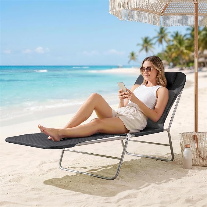 Outsunny Folding Chaise Lounge Pool Chairs, Outdoor Sun Tanning Chairs with Pillow, Reclining Back, Steel Frame & Breathable Mesh for Beach, Yard, Patio, Black