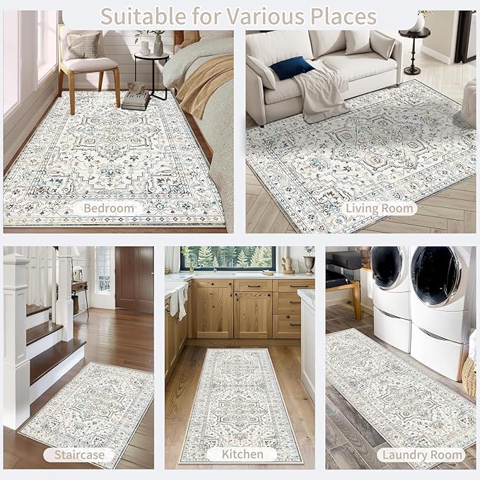 Enkor Area Soft Rugs 8x10 Washable Non Slip Boho Floor Rugs for Living Room Bedroom, Vintage Style Farmhouse Mat for Kitchen Entryway White & Grey