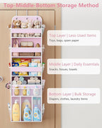 OneDream 5-Tier Over the Door Organizer with Removable Storage Caddy, Baby Clothes Organizer for Nursery, Hanging Behind Door Storage with Clear Pockets and Side Mesh Compartments, Pink