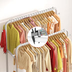 Laiensia Double Rods Garment Rack with Wheels, Clothing Rack for Hanging Clothes,4 Hooks, Multi-functional Bedroom Clothes Rack, White
