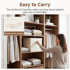 StorageWorks Storage Bins with Lid, Decorative Fabric Storage Bins with Handles, Stackable Closet Organizers for Shelves and Bedroom, Large, Beige(Cotton Linen), 2-Pack