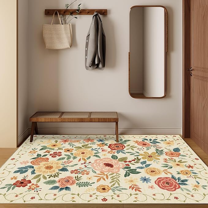 DUKINO 3x5 Area Rug, Floral Rugs for Living Room, Lightweight Non Slip Washable Rug, Indoor Low Pile & Non-Shedding Boho Design Rugs for Bedroom, Living Room, Dining Room, Beige Yellow