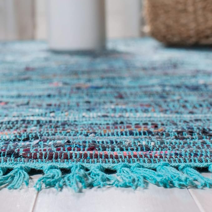 SAFAVIEH Rag Rug Collection Runner Rug - 2'3" x 14', Blue & Multi, Handmade Boho Stripe Cotton, Ideal for High Traffic Areas in Living Room, Bedroom (RAR121B)