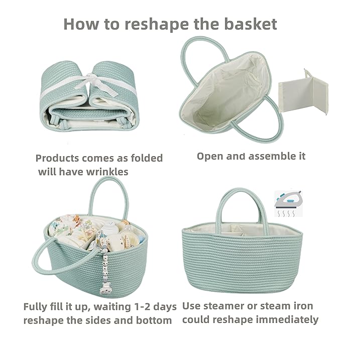 Large Baby Diaper Caddy Organizer for Girl Boy Rope Nursery Storage Bin Basket Portable Holder Tote Bag for Changing Table Car Travel Baby Shower Gifts Newborn Essentials Registry Must Have Green