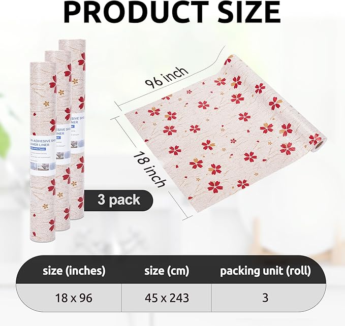 RAY STAR 18X96 Inch Shelf Liner for Kitchen Cabinets, Non-Adhesive Cabinet Liner Washable, PVC Drawer Liner for Dresser Non-Slip Bathroom (Red Floral)(3 Roll)