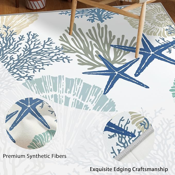 Tritard Coastal Area Rugs Nautical Beach Themed Non-Slip Machine Washable Rugs Modern Floor Carpet for Living Room Bedroom, 6x9, Blue