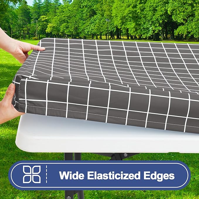 Smiry Picnic Table Cover with Bench Covers, Waterproof Elastic Fitted Tablecloth for 8 Foot Tables, Washable Polyester Tablecloths for Camping, Indoor & Outdoor (Grey & White, 30x96 Inch 3-pc Set)