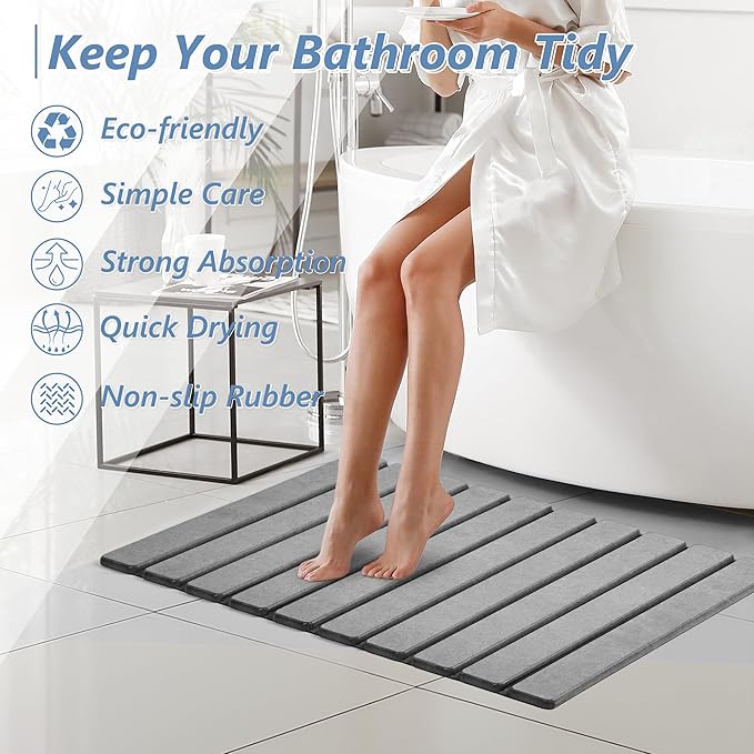 AWW Foldable Stone Bath Mat, Super Absorbent Diatomaceous Earth Mats, Non-Slip 23.6 x 15.5 Inch Quick Drying Mat, Compact and Easy to Store Bath Mats for Bathroom, Easy to Clean, Grey