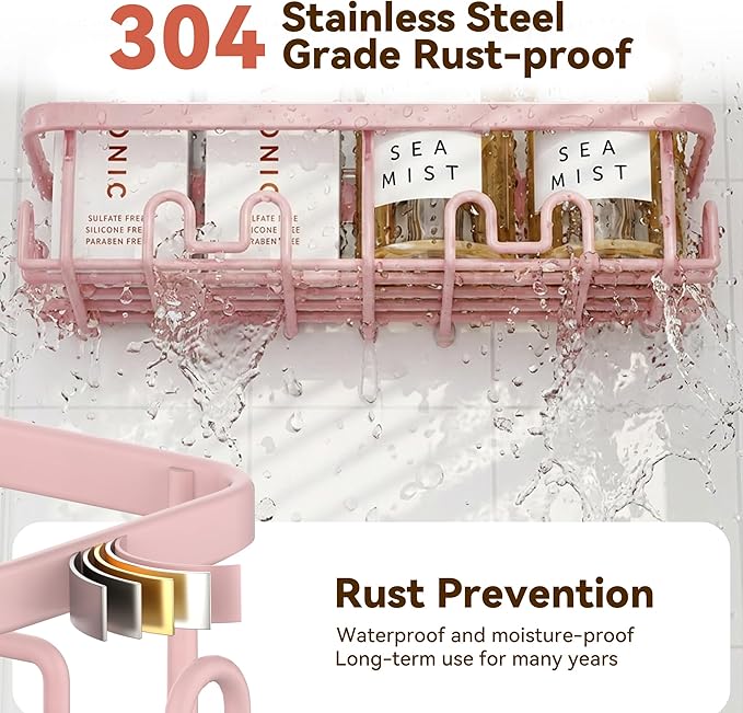 YASONIC Shower Caddy Adhesive 5-Pack, Rustproof Shower Organizer with Holder, No Drilling Shower Shelves for Inside Shower, Large Capacity Bathroom Organizers and Storage for Home & Renters, Pink