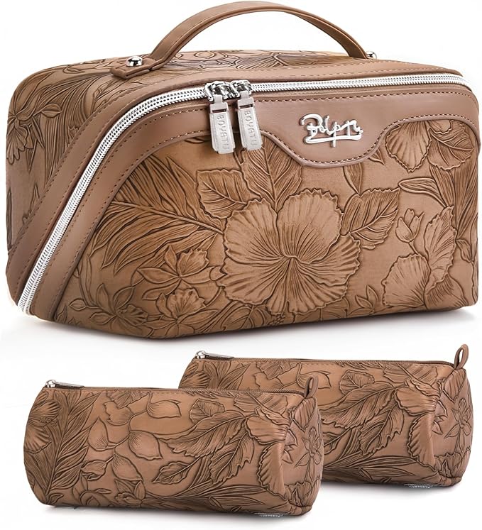 BOYATU Travel Makeup Bags Cosmetic Organizer Bag: 3-Set Large Capacity Make up Bag - PU Leather Toiletry Bags for Women - Wide Open Portable Pouch with Divider & Handle (01-Z-Brown)
