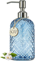 JASAI 18Oz Gem Patterned Glass Soap Dispenser for Kitchen and Bathroom, Refillable with Rust Proof Stainless Steel Pump (Blue)