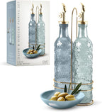 COOK WITH COLOR Glass Olive Oil Bottle Dispenser - 2 Pack- 17oz Oil and Vinegar Cruet - Olive Oil Carafe Decanter for Kitchen, Floral, Blue