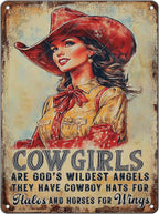 Cowgirl Sign Vintage Metal Tin Sign Cowgirl Are God's Wildest Angels They Have Cowboy Hats for Halos and Horse for Wings Teen Girls Room Decor Wall Art Print 16x12 Inch