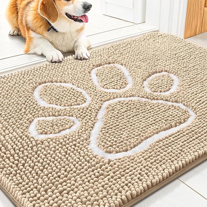 Smiry Dog Door Mat for Muddy Paws, Absorbent Dirt Trapper Non Slip Quick Dry Washable Chenille Mat for Mud Dogs, Entry Rug for Indoor and Outdoor (30x20 Inches, Beige and White)