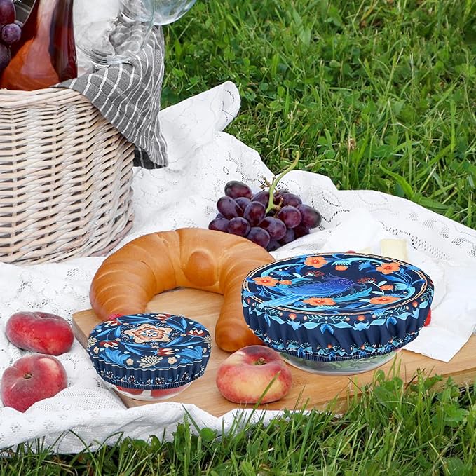 5 Pieces Bowl Covers Reusable, 5 Size Elastic Cloth Bowl Covers for Bread Proofing Food Covers Washable for Food Fruits Leftover (Blue Bird)