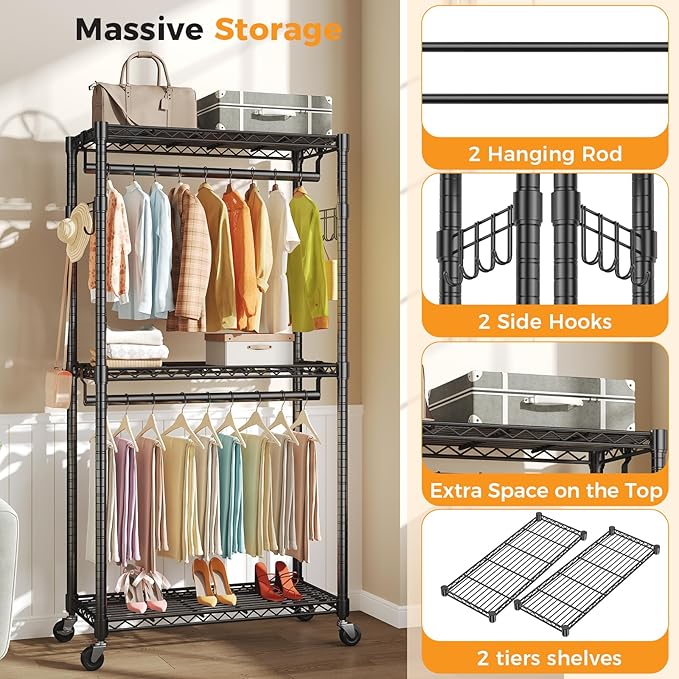 OLIXIS Clothes Rack Heavy Duty Adjustable Garment Clothing Rack with Wheels, Rolling Metal Freestanding Closet Organizer for Hanging Clothes with 2 Side Hooks, Double Rods, 35" x 15" x 75", Black