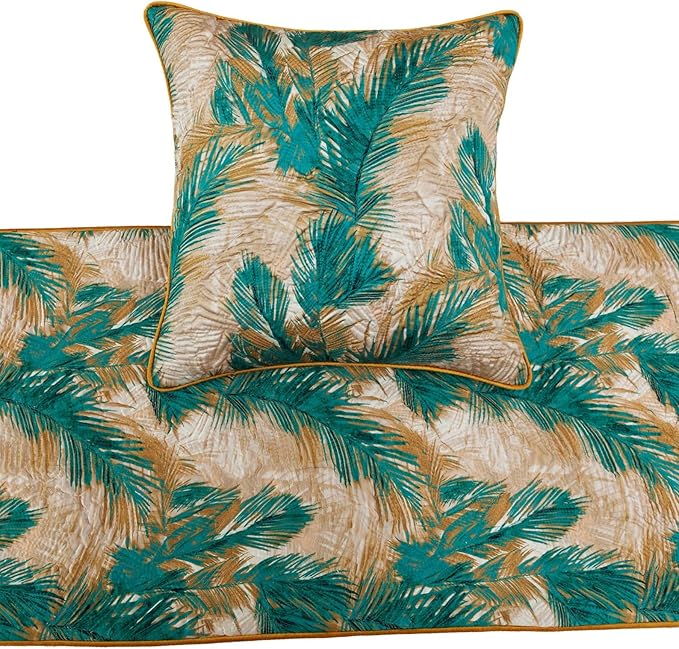 The HomeCentric King/Queen/Twin Green Decorative Queen 74"x18" Bed Runner Without Pillow Cover, Plam Leaves & Quilted Bed Scarf on Satin Fabric - Palms