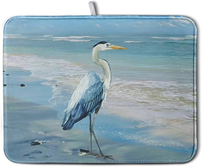 Summer Blue Dish Drying Mat for Kitchen Counter 18x24 Inch Heron Coastal Beach Drying Mats Nautical Ocean Bird Dishes Drainer Mats Microfiber Absorbent Dish Rack Pad