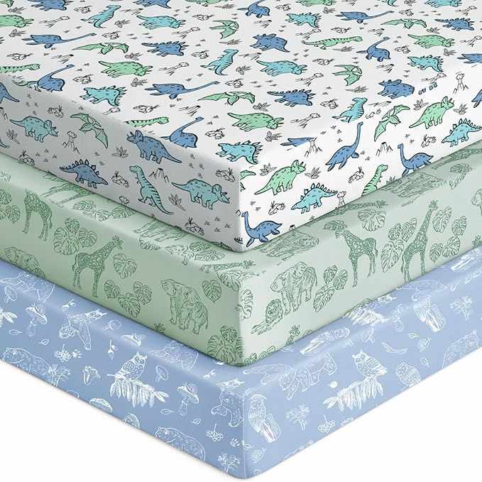 Baby Crib Sheets for Boys Girls, 28x52x8in Fitted Crib Sheet Neutral 3 Pack for Standard Crib and Toddler Mattress, Breathable Soft Microfiber Baby Sheet Green & Blue Dinosaur