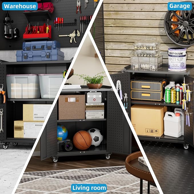 SUXXAN Storage Cabinet with Wheels and Pegboard, Rolling Garage Storage Cabinet