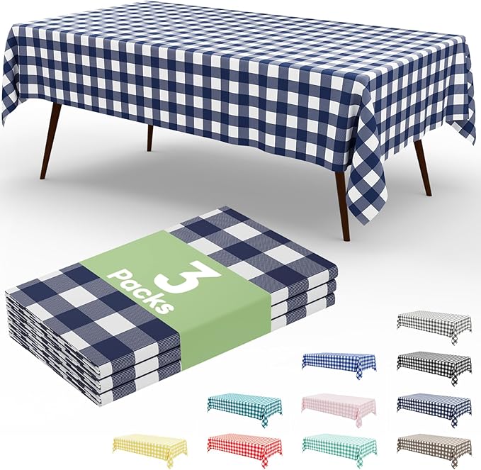 Smiry 3 Pack Navy Gingham Disposable Tablecloths - 54" x 108" Heavy Duty Plastic Table Cloth, Waterproof Buffalo Plaid Table Covers for Picnic, Banquets, Outdoor Parties