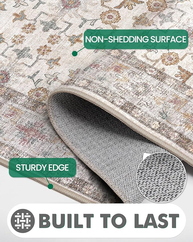 LUMI Runner Rug 3x7, Washable Non-Slip Hallway Throw Rugs, Long Soft Thin Vintage Oriental Kitchen Mats, Low-Pile Indoor Kitchen Entryway Area Rug, Beige