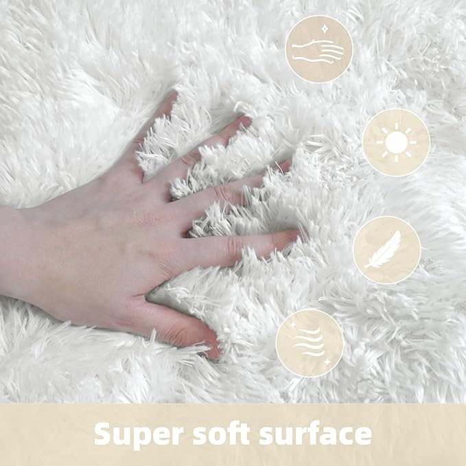 3x5 Solid Fluffy White Area Rug – Washable, Durable, Living Room Rug, Non-Slip High Pile Shag Rugs for Bedroom, Living Room, Bedside, Dorms, Nursery Rooms, Kids Room, Soft Indoor Floor Carpet