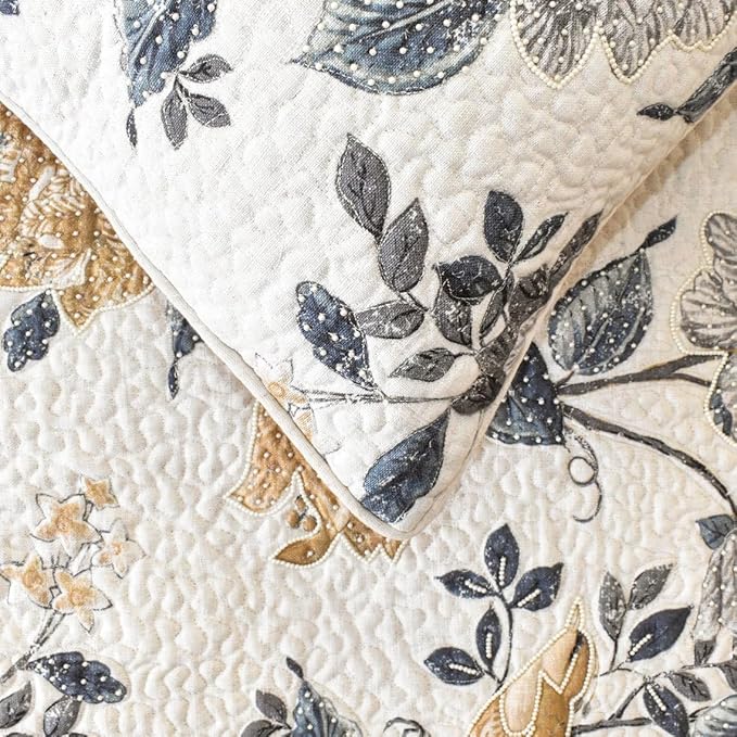 The HomeCentric King/Queen/Twin Blue & Ivory Decorative Full 68"x18" Bed Runner Without Pillow Cover, Bird, Pearl & Quilted Bed Scarf on Linen Fabric - Vintage Birdena