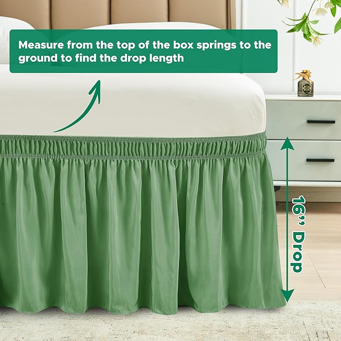 Biscaynebay Wrap Around Bed Skirts for King & Cal King Beds 16" Drop, Sage Adjustable Elastic Dust Ruffles Easy Fit Wrinkle Resistant Silky Luxurious Fabric Machine Washable