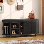 Oval Shoe Storage Bench with Padded Seat Cushion, 2-Tier Fluted Shoe Cabinet with Adjustable Shelves, Mid-Century Bench Compact for Entryway, Hallway, Closet, Front Accent, Foyer, Bedroom, Black
