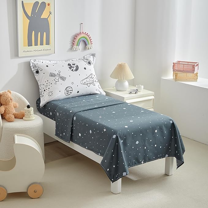 DuShow 4 Piece Toddler Bedding Set for Boys,White Space Crib Bedding Sheets Set,Soft Toddler Comforter Set Bed in a Bag | Include Comforter,Flat Sheet,Fitted Sheet,Pillowcase