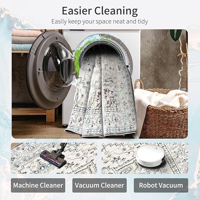 Enkor Area Soft Rugs 8x10 Washable Non Slip Boho Floor Rugs for Living Room Bedroom, Vintage Style Farmhouse Mat for Kitchen Entryway White & Grey