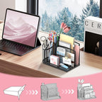 SUPEASY Desk Organizer with 3 Compartment Pen Holder, 3-Slot Mail Organizer and Flower Tube, Metal Mesh Bill Organizer for Pencil, Envelope, Letter and Office Supplies, Black