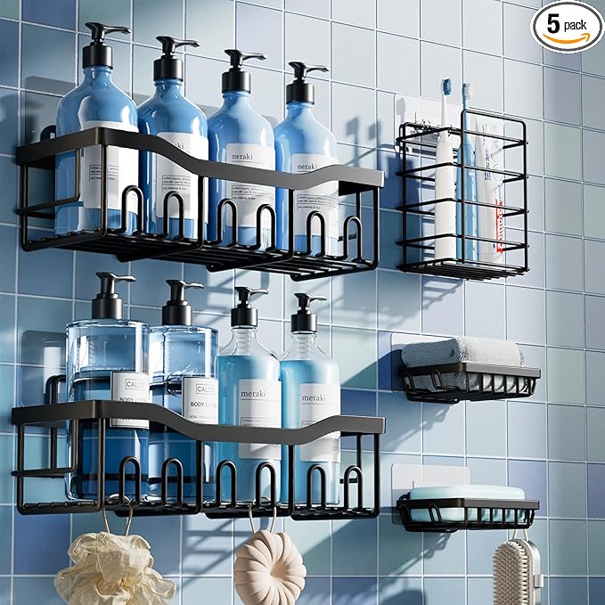 EUDELE 5-Pack Rustproof Stainless Steel Shower Caddy Set– No Drill Adhesive Bathroom Organizer, Space-Saving Shower Shelves for Apartment Essentials, Bathroom/Kitchen Storage Home Decor-L Size