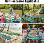 Smiry Picnic Table Cover with Bench Covers, Waterproof Elastic Fitted Tablecloth for 8 Foot Tables, Washable Polyester Tablecloths for Camping, Indoor & Outdoor (Teal & Gold, 30x96 Inch 3-pc Set)