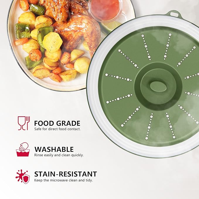 WVM Microwave Splatter Cover Vented for Food with Hook Hole, Splatter Guard & Colander Kitchen Gadget for Food, Meal Prep, Green