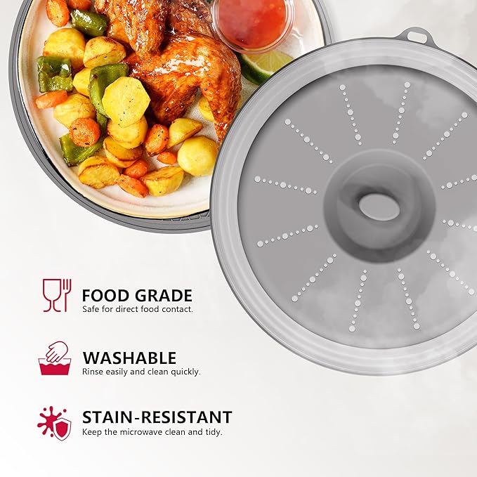 WVM Microwave Splatter Cover & Mat, Vented Collapsible Splatter Guard dish Plate lid & Silicone Round Kitchen Mat for Food, Meal Prep, Grey