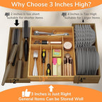 BAMEOS 3" Deepth Expandable Drawer Organizer, Deep Flatware Organizer, Adjustable Silverware Organizer, Bamboo Drawer Organizer for Kitchen, Bathroom (Natural)