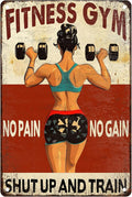Women‘s Gym Motivational Metal Sign “No Pain No Gain And Train” - 8x12 Inch Vintage Tin Wall Art for Home Gym, Workout Room & Funny Gift Decor