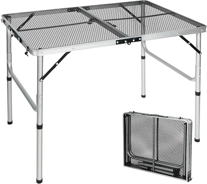 REDCAMP 36x24 Folding Grill Table for Outside, Lightweight Portable Metal Aluminum Outdoor Grill Table with Adjustable Height Legs, Great for Camping Picnic Cooking BBQ, Silver 3ft