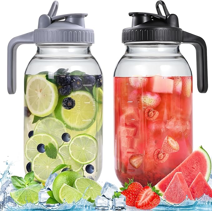 Glass Pitchers with Lid, Set of 2, 64OZ Leak-Proof Airtight Mason Jars, Wide Mouth Water Jugs for Cold Brew Coffee, Iced tea, Milk, Food Storage, Sun Tea Jar.